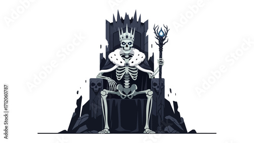 Skeleton King on Throne: A regal skeleton, crowned and adorned, sits upon a dark throne, exuding an air of macabre majesty and power in this striking illustration.