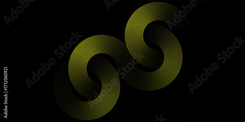 Halftone circular dot frame. Isolated circle dot texture on yellow background. Dotted spray texture. Black and yellow spiral circle sound wave logo abstract design element, Eps 10.