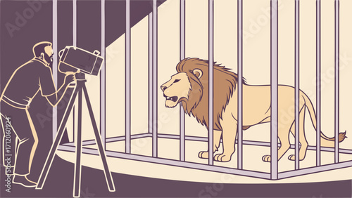 Retro illustration of a photographer shooting a lion in a cage.