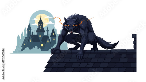 Moonlit Werewolf: A ferocious werewolf is seen atop a haunted rooftop, its glowing eyes pierce the night, the full moon casts an eerie glow, painting a scene of fright and mystery.