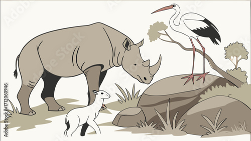 Rhinoceros lamb and stork in an African savanna illustration wildlife nature animal scene cartoon vector kids childrens book fauna zoology safari grassland wilderness wildlife illu.