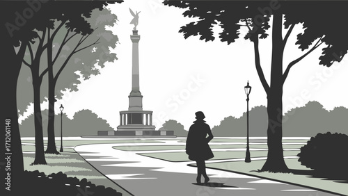 Silhouette of a woman walking in a park with a tall monument and trees in the background.