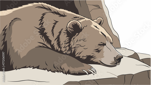 Sleeping Brown Bear in a Cave Wildlife Illustration Nature Animal Art.