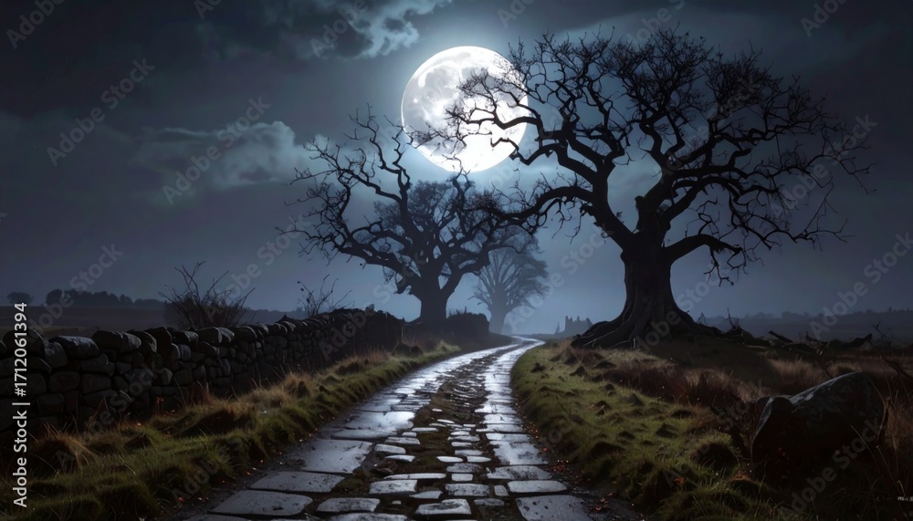 Fototapeta premium Haunted forest, gothic Halloween image. Pumpkins, Jack-O-Lanterns. Spooky Halloween Background, banner, poster. 