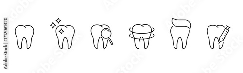 Teeth care icon set. Dental care, oral hygiene, and healthy teeth symbols. Oral health, dentistry. Vector illustration.
