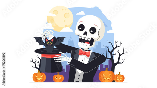 Spooky Show: An illustration of a smiling skeleton in formal wear conjures a bat from a top hat with jack-o'-lanterns, the moon, and bare trees against a city skyline, perfect for Halloween.