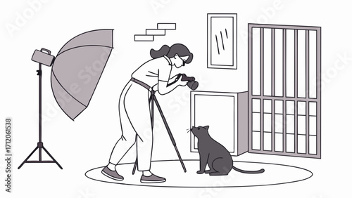 Studio Photographer Shooting a Pet Cat Photography Session Indoor Animal Portrait DSLR Camera Illustration.