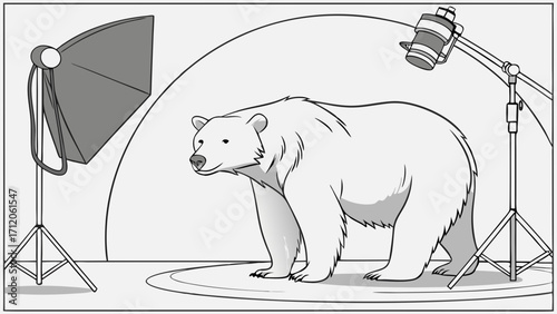 Studio Photography of a Polar Bear Cartoon Illustration Black and White Line Art Animal Portrait Wildlife Illustration.