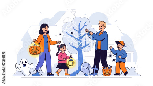 Family Halloween Fun: A family prepares for Halloween, adorning a tree with decorations and carrying festive baskets. The illustration captures the anticipation and joy of this spooky celebration.