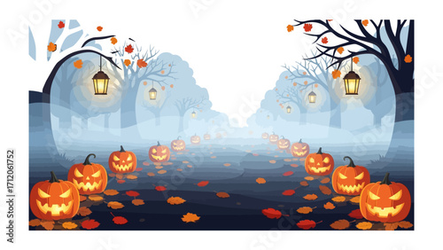 Halloween Pumpkin Trail: An enchanting Halloween scene features a trail of carved pumpkin lanterns, guiding the way through a mystical, atmospheric forest.
