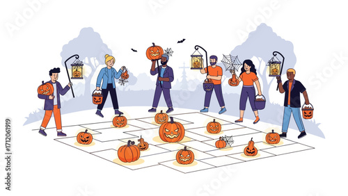 Halloween Gathering: A lively gathering of diverse individuals, illuminated by festive jack-o'-lanterns and lanterns. capturing the essence of seasonal fun and camaraderie in this vibrant.