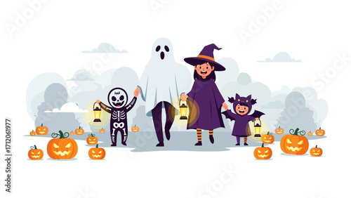 Halloween Festive Fun: Four children dressed in captivating Halloween costumes, guided by a friendly ghost, illuminate the path with lanterns amongst jovial jack-o'-lanterns.