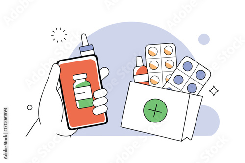 Hand holding medication app pointing to prescription bag for telehealth pharmacy services and digital health solutions in convenient modern style