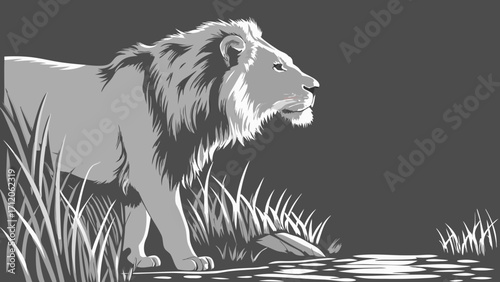 Stylized grayscale illustration of a majestic lion by water standing in tall grass.