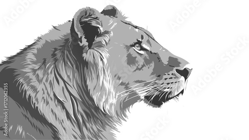 Stylized grayscale profile portrait of a lioness powerful and elegant wild cat illustration wildlife art nature design.