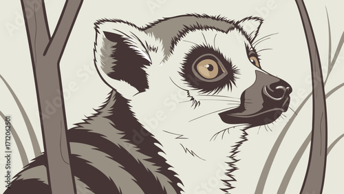 Stylized Lemur Portrait Wildlife Illustration Animal Art Vector Graphic Jungle Creature Sepia Tones Nature Illustration.