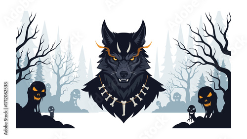 Mythic Howl of the Wolf: A powerful illustration showcases a fierce, adorned wolf spirit, its piercing gaze set amidst a haunting forest scene, evoking a sense of ancient mystery and primal power.