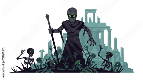 Mummy Arising: A spooky illustration depicts a menacing mummy figure rising from the ground, surrounded by skeletal figures in a mystical, spectral realm.