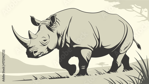 Stylized Rhino Illustration Wildlife Animal Vector Graphic Big Five Mammal African Savannah Scene Endangered Species Art.
