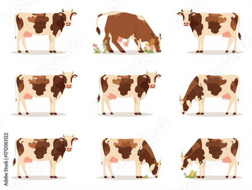 set of cows isolated white background