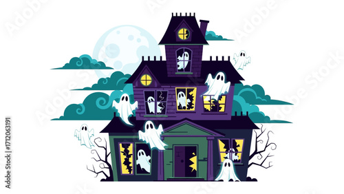 Spooky Haunted House Illustration: A chilling illustration of a haunted house, with spectral figures swirling around and looming over the chilling atmosphere of a spooky night.