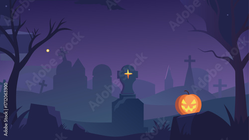 Foggy Graveyard with Flickering Pumpkin Light