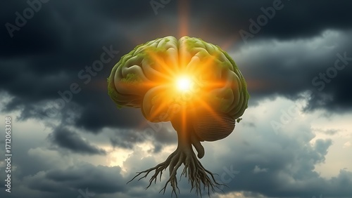 A luminous sunbeam breaks through storm clouds to illuminate a human brain model made of intricate, healthy tree roots.