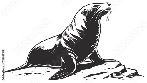 Vintage Seal Illustration Black and White Wildlife Animal Ocean Mammal Marine Life Graphic Design Element Vector Art Monochrome Coastal Creature Sea Lion Pinniped Nature Illustration.