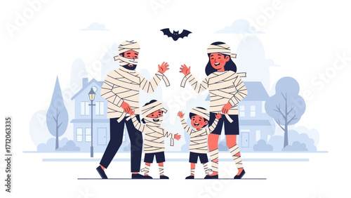 Spooky Family Mummy: A cartoon depiction of a happy family of four dressed as mummies in a halloween setting. The parents and two children are interacting under a scary flying bat above them.