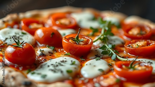 Vegetarian pizza with cherry tomatoes and melted mozzarella, garnished with fresh herbs.