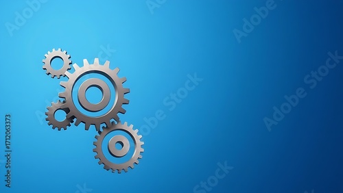 Abstract metal gears floating on a gradient blue background, symbolizing business innovation and technology.