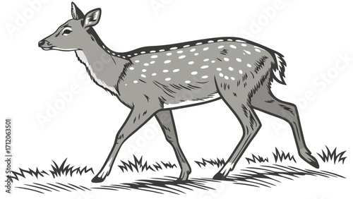 Young deer walking in grass monochrome wildlife illustration spotted fawn nature graphic animal drawing cute deer design.
