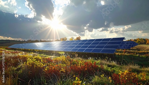 Realistic imagery of renewable energy infrastructure: wind turbines, solar parks and sustainable power solutions in autumn landscapes. Ideal for themes of sustainability, climate change, innovation an