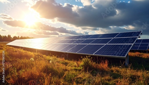 Realistic imagery of renewable energy infrastructure: wind turbines, solar parks and sustainable power solutions in autumn landscapes. Ideal for themes of sustainability, climate change, innovation an