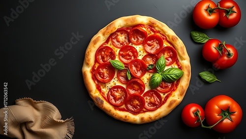 Pepperoni pizza with tomatoes and basil on dark surface.