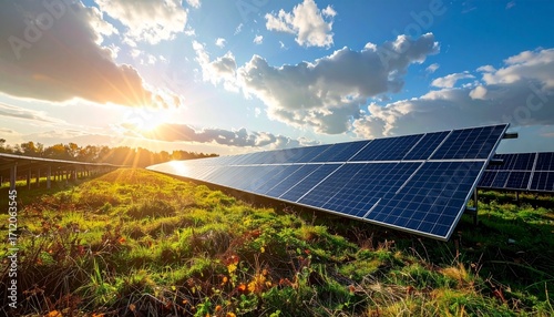 Realistic imagery of renewable energy infrastructure: wind turbines, solar parks and sustainable power solutions in autumn landscapes. Ideal for themes of sustainability, climate change, innovation an