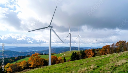 Realistic imagery of renewable energy infrastructure: wind turbines, solar parks and sustainable power solutions in autumn landscapes. Ideal for themes of sustainability, climate change, innovation an