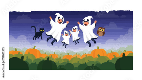 Spooky Celebration: In a whimsical scene, a jovial group of dressed up with ghost costumes for Halloween, bringing fun and festivity to the forefront. pumpkins.
