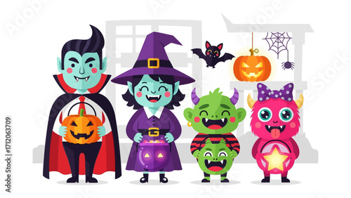 Halloween Character Gathering: A whimsical illustration showcasing a vibrant array of Halloween characters, including a vampire, witch, friendly monster, and a delightful creature with a bat.