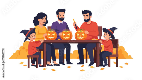 Family Carving Pumpkins for Halloween: A joyful family gathers around a table, diligently carving pumpkins for Halloween, creating festive jack-o'-lanterns in preparation for the spooky season. 