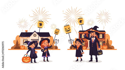 Spooky Celebration: A festive illustration of children in witch costumes participating in Halloween festivities, amidst the backdrop of homes, jack-o'-lanterns, and fireworks. 
