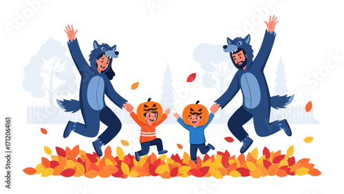 Joyful Family in Autumn: A lively family dressed in playful costumes bounces joyfully amidst a vibrant bed of autumn leaves, a heartwarming portrayal of seasonal fun.