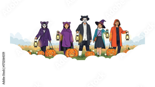 Halloween Gathering: A group of kids joyfully trick-or-treating, their costumes bringing the spooky holiday to life amid the festive harvest.
