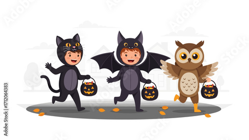 Spirited Halloween Trick-or-Treat: Three children, playfully costumed as a cat, bat, and owl, eagerly embark on a trick-or-treat adventure, filled with spooky delights and joyful anticipation.