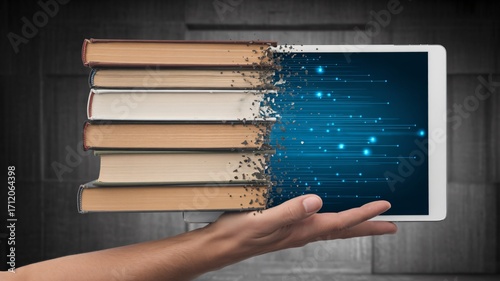 Books transform into digital data stream on tablet held in hand