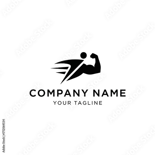 Black and white logo featuring a stylized person flexing a bicep, with motion lines, and company name.
