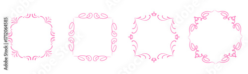 Pink decorative frames set. Hand drawn ornamental border in square and round shape for wedding, invitation and romantic design. Vector design for wedding invitation, greeting card, scrapbook, romantic