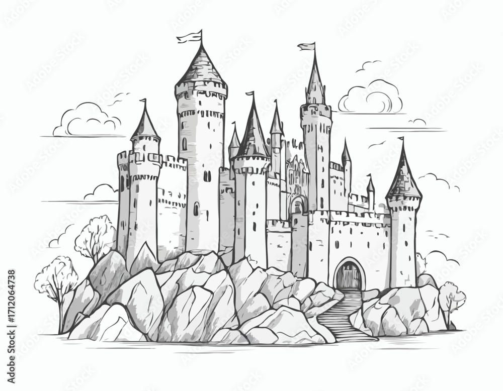 Obraz premium Castle middle ages sketch hand drawn illustration