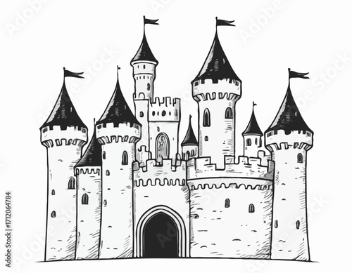 Castle middle ages sketch hand drawn illustration