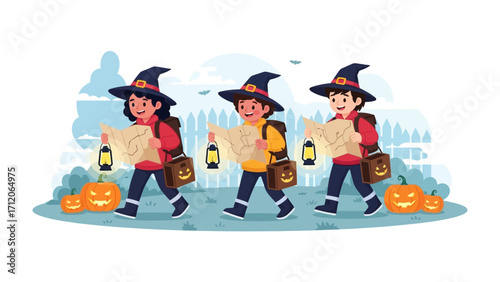 Halloween Trailblazers: Three young adventurers, dressed in festive attire, embark on a thrilling journey, map in hand, through a whimsical autumnal landscape.